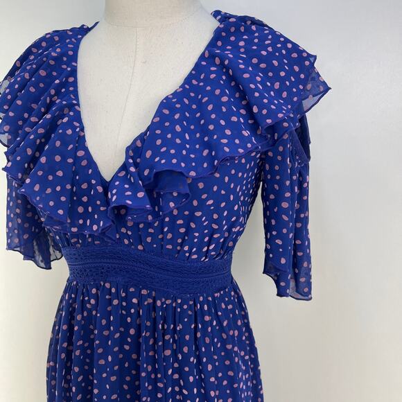 Three Floor Polka Dot Ada Dress Blue Ruffles V Neck Midi - Picture 6 of 12